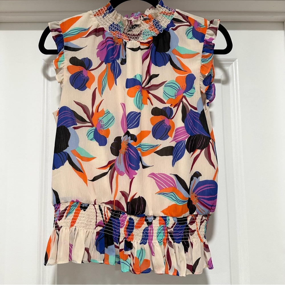 J.Crew Sleeveless Chiffon Smocked Ruffle Neck Hem Top Multi Color Floral Size 2